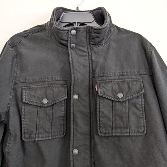 LEVIS Jacket Men's S Black Denim Trucker Mock Neck Snap Pockets Casual Biker - Picture 2 of 14